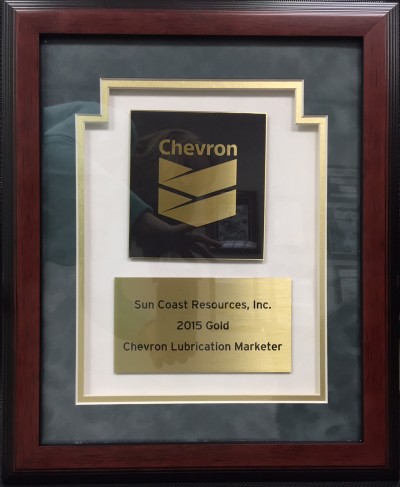 Chevron 2015 Gold Lubricant Marketer award Sun Coast Resources.